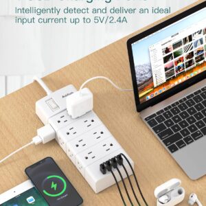 Power Strip Surge Protector - Addtam 16 Outlets(4-Side) and 4 USB Ports 5 Ft Flat Plug Extension Cord, Overload Surge Protection Outlet Strip, Wall Mount for Home, Office and More