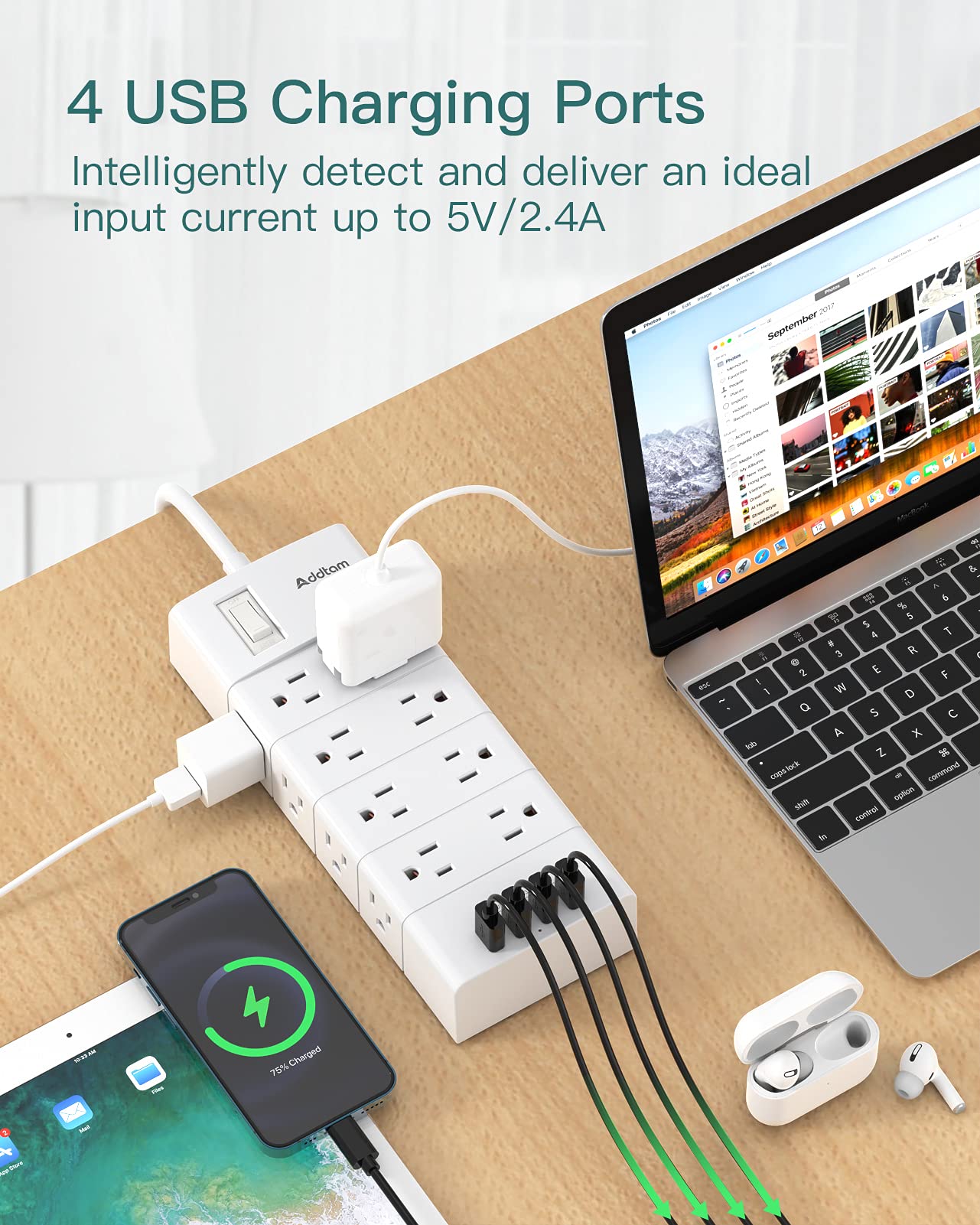Power Strip Surge Protector - Addtam 16 Outlets(4-Side) and 4 USB Ports 5 Ft Flat Plug Extension Cord, Overload Surge Protection Outlet Strip, Wall Mount for Home, Office and More