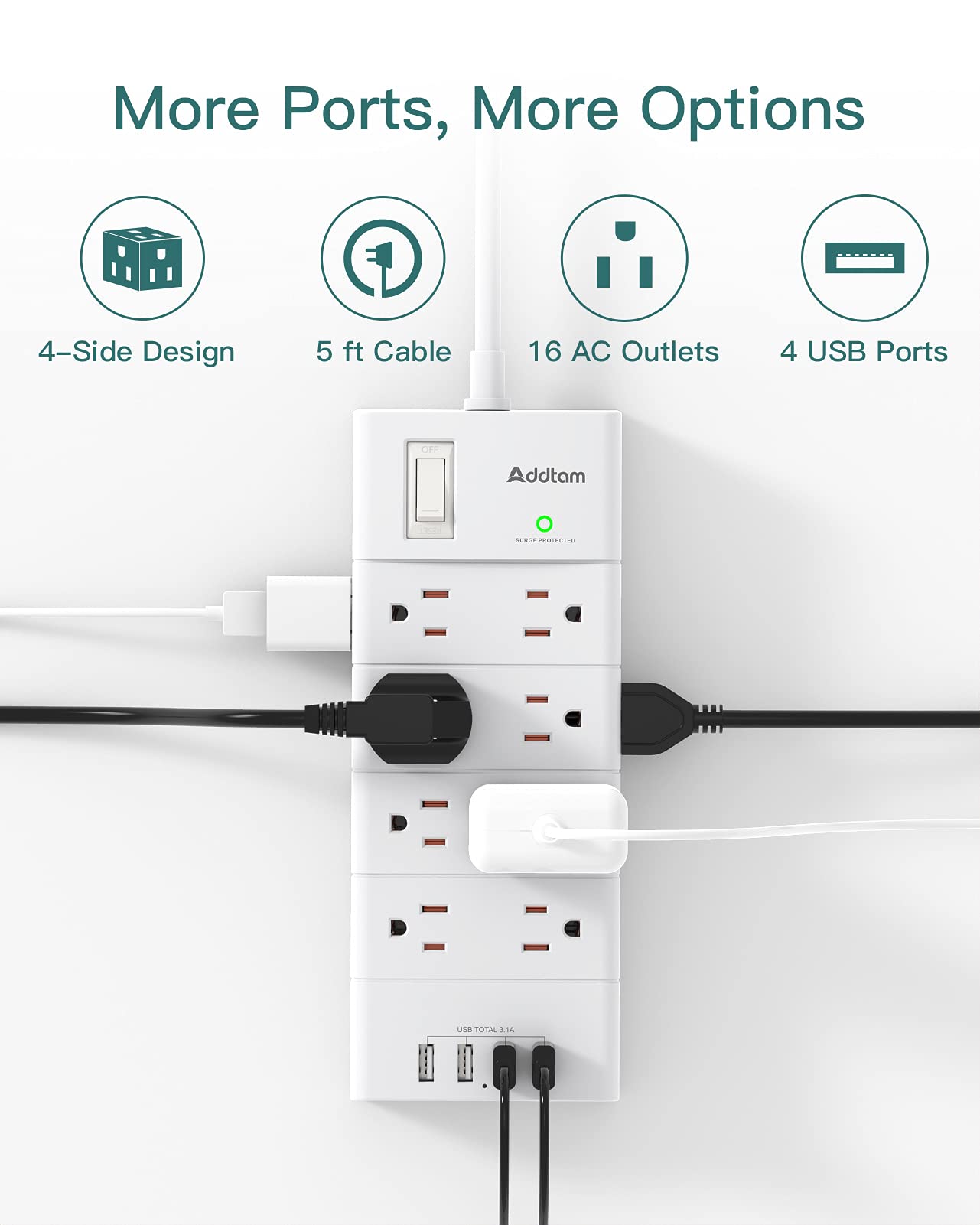 Power Strip Surge Protector - Addtam 16 Outlets(4-Side) and 4 USB Ports 5 Ft Flat Plug Extension Cord, Overload Surge Protection Outlet Strip, Wall Mount for Home, Office and More