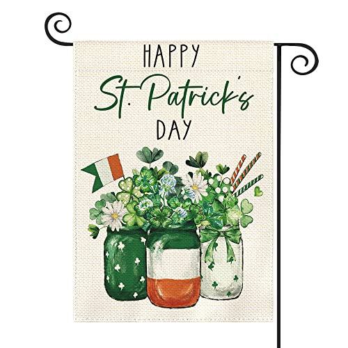 AVOIN colorlife Happy St Patricks Day Lucky Shamrock Garden Flag 12x18 Inch Double Sided, 17 March Mason Jar Yard Outdoor Flag