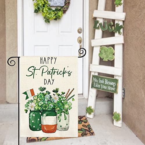 AVOIN colorlife Happy St Patricks Day Lucky Shamrock Garden Flag 12x18 Inch Double Sided, 17 March Mason Jar Yard Outdoor Flag