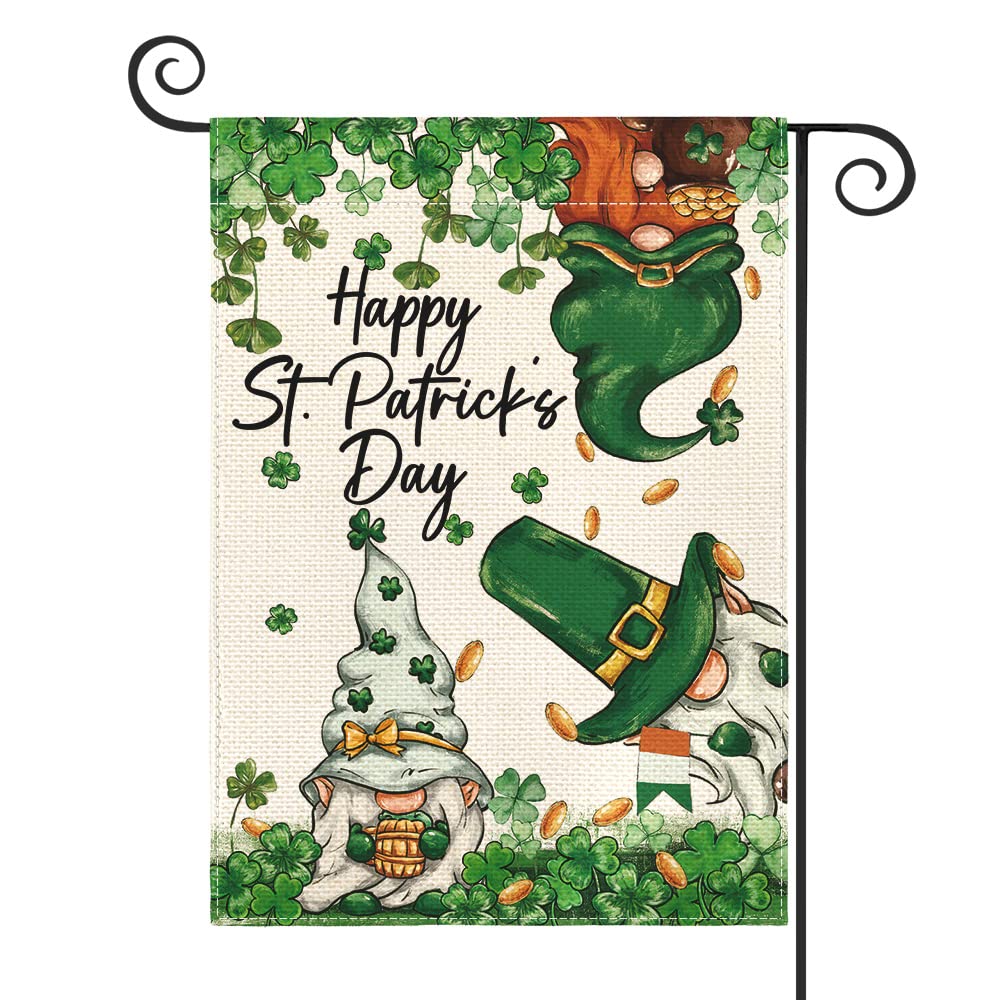 AVOIN colorlife Happy St Patricks Day Gnome Garden Flag 12x18 Inch Double Sided, Leprechauns Shamrock 17 March Welcome Yard Outdoor Flag