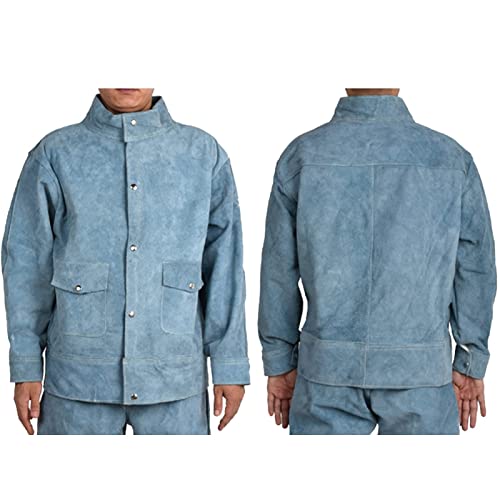 BAABJI Flame-Resistant Heavy Duty Leather Welding Jacket,Wearable Cowhide Suit, Flame Resistant, Cotton Lining, Ideal for Electrician, Welder, Porter,Blue a,XL