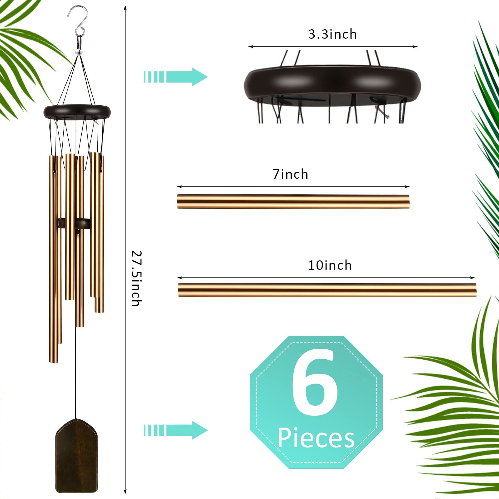 6 Pieces Wind Chimes 28 Inch Deep Tone Wind Chimes with 6 Aluminum Tubes Memorial Wind Chimes Outdoors Soothing Melody Wind Chimes Rustic Wind Chimes for Farmhouse Garden Patio Home Decor (Bronze)