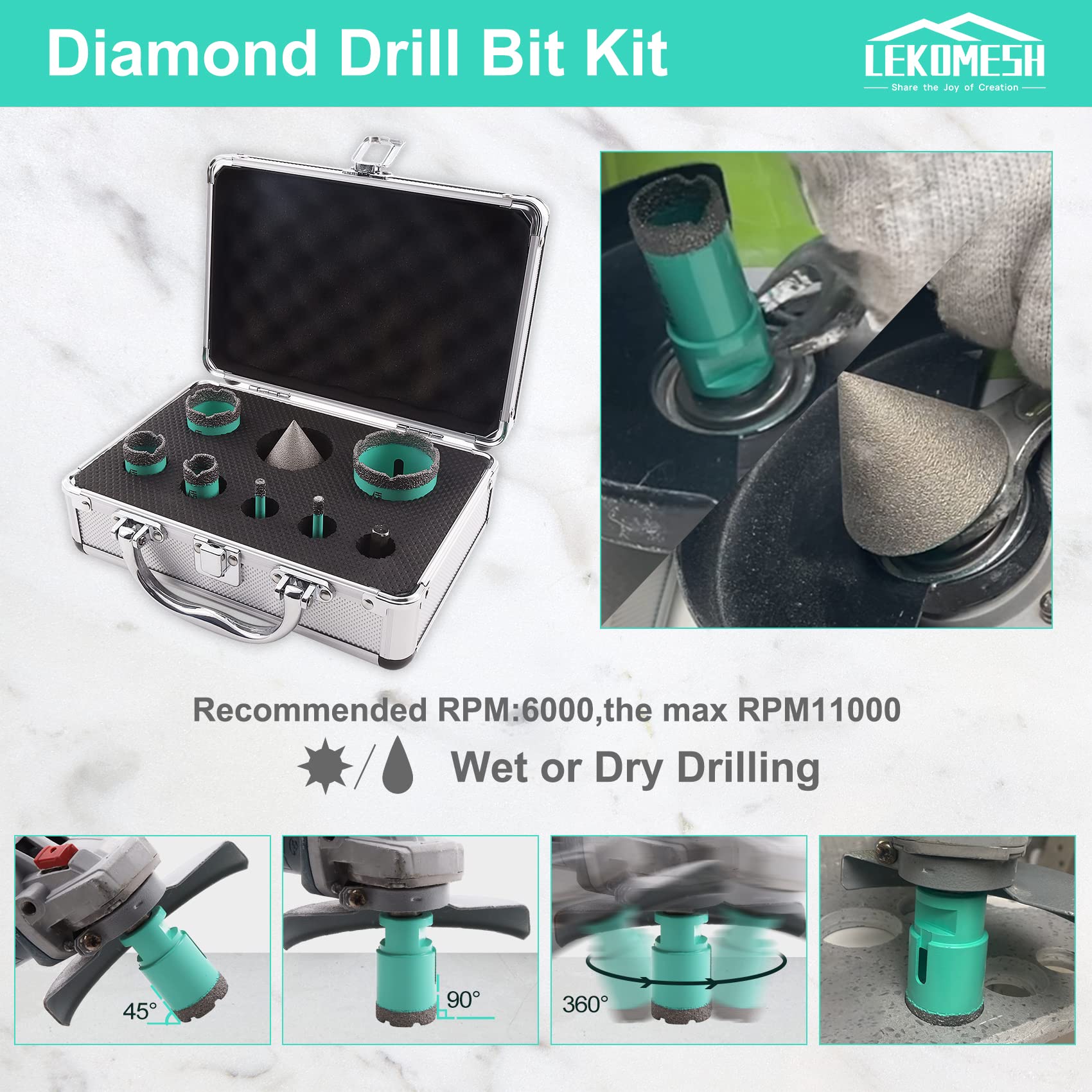 LEKOMESH Diamond Core Drill Bits Set 8pcs Tile Hole Saw Kit for Porcelain Tile Ceramic Marble Brick Concrete with 5/8"-11 Thread(6/6/20/25/35/50mm+50mm Beveling Chamfer Bit+Triangle Shank Adapter)