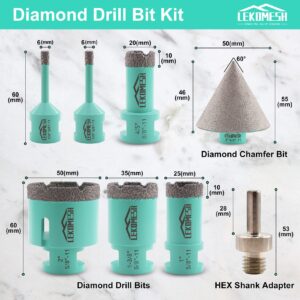 LEKOMESH Diamond Core Drill Bits Set 8pcs Tile Hole Saw Kit for Porcelain Tile Ceramic Marble Brick Concrete with 5/8"-11 Thread(6/6/20/25/35/50mm+50mm Beveling Chamfer Bit+Triangle Shank Adapter)