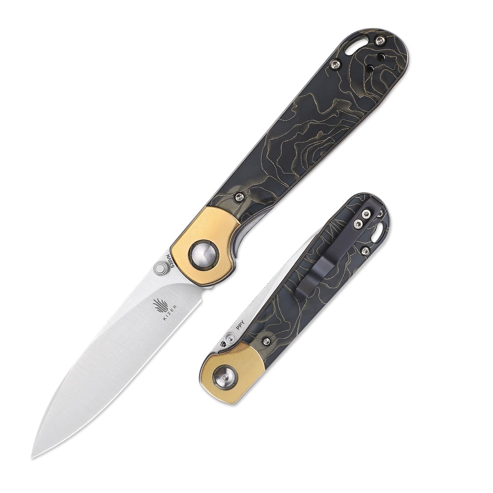 Kizer PPY EDC Knife 3.27 Inches S35VN Blade Pocket Knie Brass and Raffir Handle Folding Knives Ki3587A1