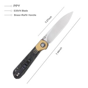 Kizer PPY EDC Knife 3.27 Inches S35VN Blade Pocket Knie Brass and Raffir Handle Folding Knives Ki3587A1