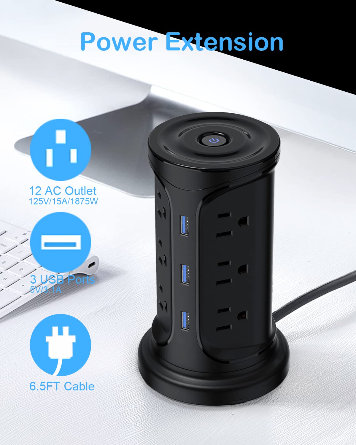 Meeoueoiu Tower Power Strip with 12-Outlet,3 USB-A Ports.Desk Power Strip Tower 1875 Watts 15 Amp,6.5-FT Flat Plug Extension Cord Tower for Home,Office,Cruise Ship