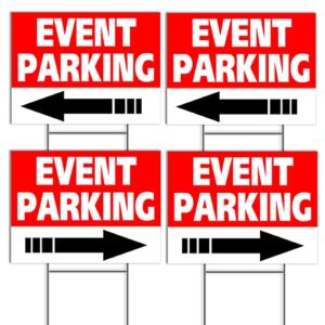 4 pc event parking signs with arrows - 16 x 12 double sided coroplast parking signs for event - wedding parking signs with stake - event parking sign red