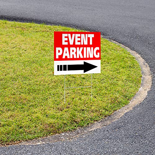4 PC Event Parking Signs with Arrows - 16 x 12 Double Sided Coroplast Parking Signs for Event - Wedding Parking Signs with Stake - Event Parking Sign Red