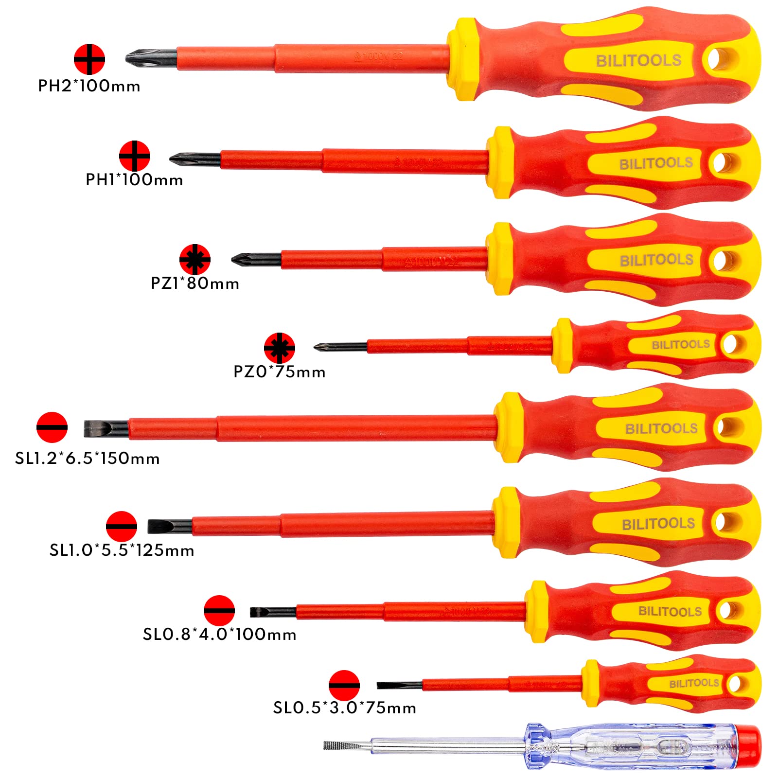 BILITOOLS Insulated Screwdriver Set, 1000V Electrical Screwdriver Insulated VDE Tools for Electrician Magnetic Phillips Slotted Pozidriv Tips