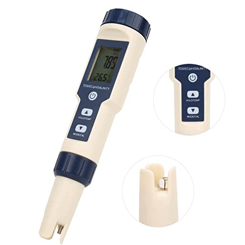 Temperature Multifunctional，High Precision Meter, Water Tester for Drinking Water Aquariums Swimming Pools and 5 in 1 Digital Water Tester for Ph Ec Tds Salinity