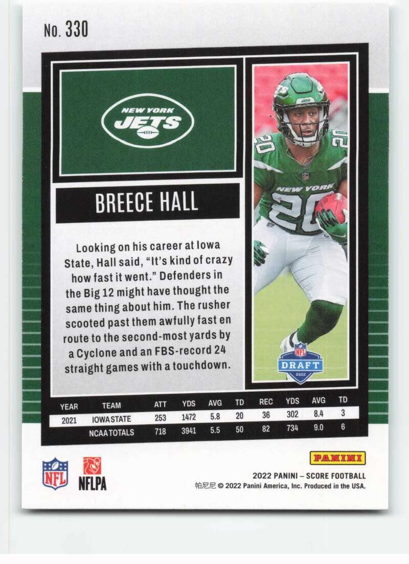 2022 SCORE #330 BREECE HALL RC ROOKIE NEW YORK JETS FOOTBALL NFL