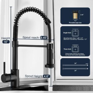 ZSW Kitchen Faucets with Pull Down Sprayer, Commercial Industrial Spring Single Handle Stainless Steel & Solid Brass Kitchen Sink Faucets for Farmhouse Camper Kitchen Rv (Matte Black)