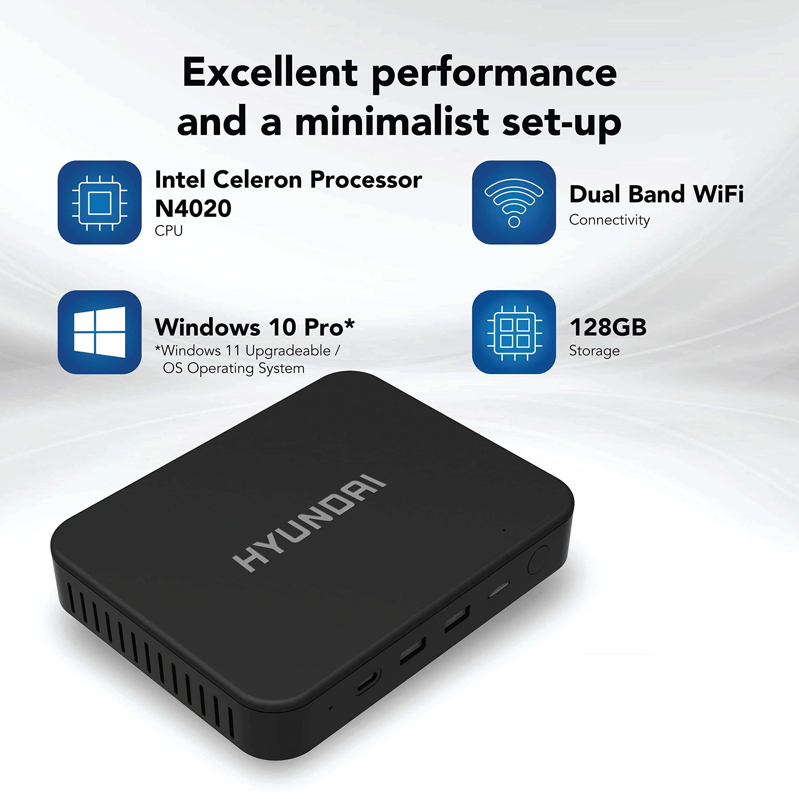 HYUNDAI Mini PC - Intel Celeron N4020 CPU Mini Desktop Computer 4GB RAM / 128GB M.2 SSD Windows 10 pro, 4K UHD Dual Monitor Support, Dual Wi-Fi, Bluetooth (Black)