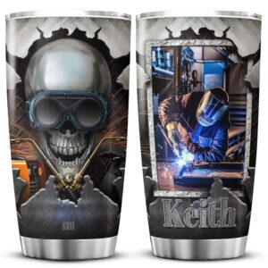 koixa personalized skull tumbler welder gifts for men unique stainless steel coffee travel mug 20oz skull themed things for welders insulated cup with photo and name welding gift