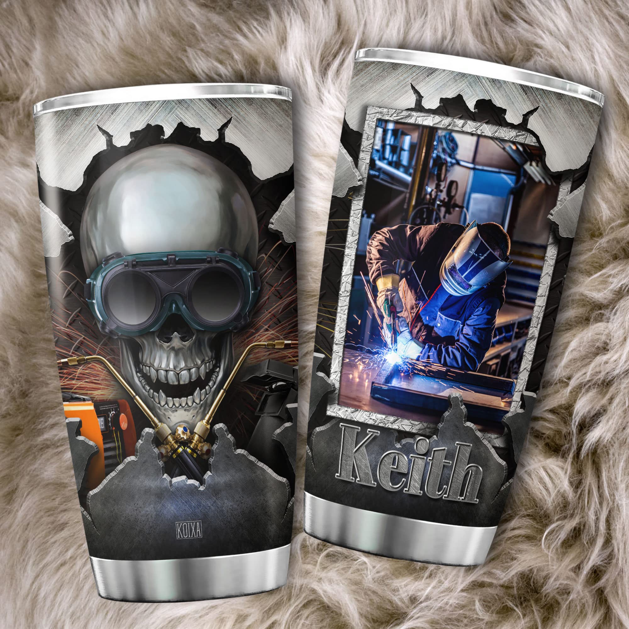 KOIXA Personalized Skull Tumbler Welder Gifts For Men Unique Stainless Steel Coffee Travel Mug 20oz Skull Themed Things For Welders Insulated Cup With Photo And Name Welding Gift