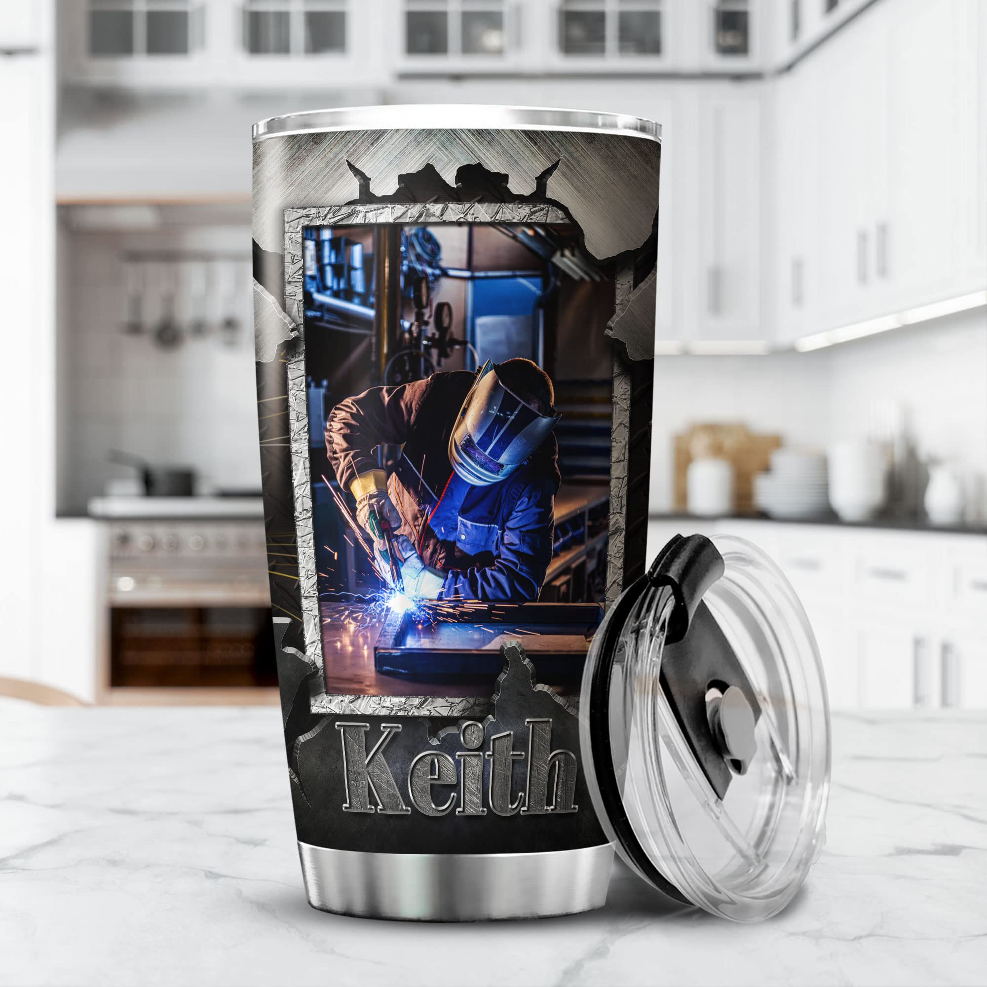 KOIXA Personalized Skull Tumbler Welder Gifts For Men Unique Stainless Steel Coffee Travel Mug 20oz Skull Themed Things For Welders Insulated Cup With Photo And Name Welding Gift