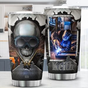 KOIXA Personalized Skull Tumbler Welder Gifts For Men Unique Stainless Steel Coffee Travel Mug 20oz Skull Themed Things For Welders Insulated Cup With Photo And Name Welding Gift