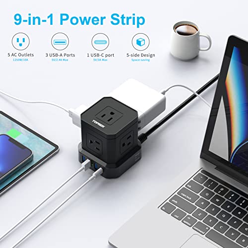 Power Strip with USB-C (3.0A), TOPREK Power Strip Surge Protection (700J), 10 FT Extension Cord with 5 AC & 4 USB, Portable Travel Power Strip for Office, Dorm, Hotel, Compact Desk Charging Station