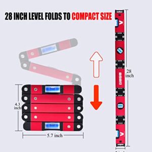 Foldable Level,BOWEITI 28 Inch Multi-Function Folding Level Measurement Tool with 45°/90°/180° Bubbles,Magnetic Versatile Hinged Level for Precise Leveling