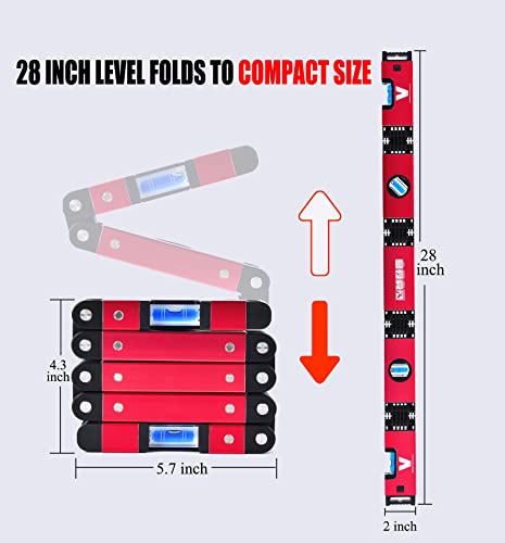 Foldable Level,BOWEITI 28 Inch Multi-Function Folding Level Measurement Tool with 45°/90°/180° Bubbles,Magnetic Versatile Hinged Level for Precise Leveling