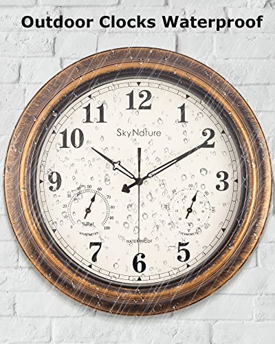 SkyNature Outdoor Clocks Waterproof, Large Outdoor Clock and Thermometer, Silent Wall Clocks Battery Operated, 18 Inch Decorative Rustic Farmhouse Wall Clock for Patio - Bronze