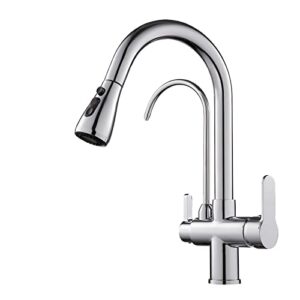 tsibomu 3 in 1 kitchen faucet with drinking water faucet, 2 handle pull down kitchen sink faucet water filter purifier faucets (chrome)