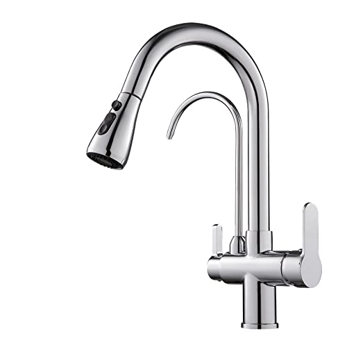 TSIBOMU 3 in 1 Kitchen Faucet with Drinking Water Faucet, 2 Handle Pull Down Kitchen Sink Faucet Water Filter Purifier Faucets (Chrome)