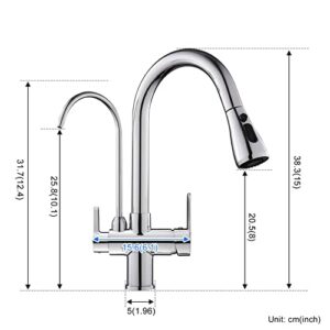 TSIBOMU 3 in 1 Kitchen Faucet with Drinking Water Faucet, 2 Handle Pull Down Kitchen Sink Faucet Water Filter Purifier Faucets (Chrome)