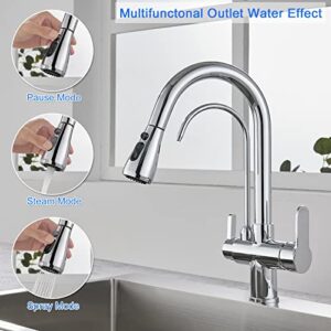 TSIBOMU 3 in 1 Kitchen Faucet with Drinking Water Faucet, 2 Handle Pull Down Kitchen Sink Faucet Water Filter Purifier Faucets (Chrome)
