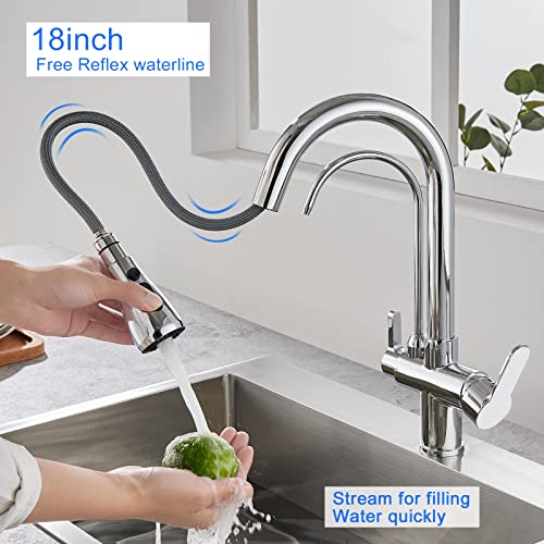 TSIBOMU 3 in 1 Kitchen Faucet with Drinking Water Faucet, 2 Handle Pull Down Kitchen Sink Faucet Water Filter Purifier Faucets (Chrome)