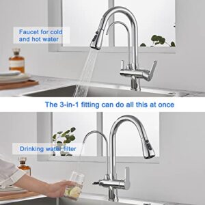 TSIBOMU 3 in 1 Kitchen Faucet with Drinking Water Faucet, 2 Handle Pull Down Kitchen Sink Faucet Water Filter Purifier Faucets (Chrome)