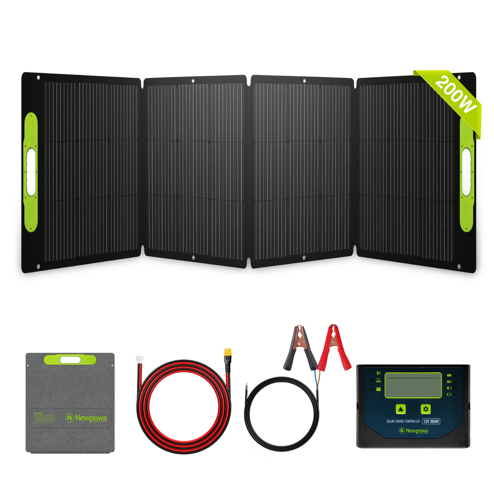 Newpowa 200W Portable Solar Panel Kit with Adjustable Kickstand Case 200 Watt 12V Foldable Solar Panel+20FT Extension Cable+15A PWM Solar Charge Controller+Battery Clamp Set with 3ft Wire