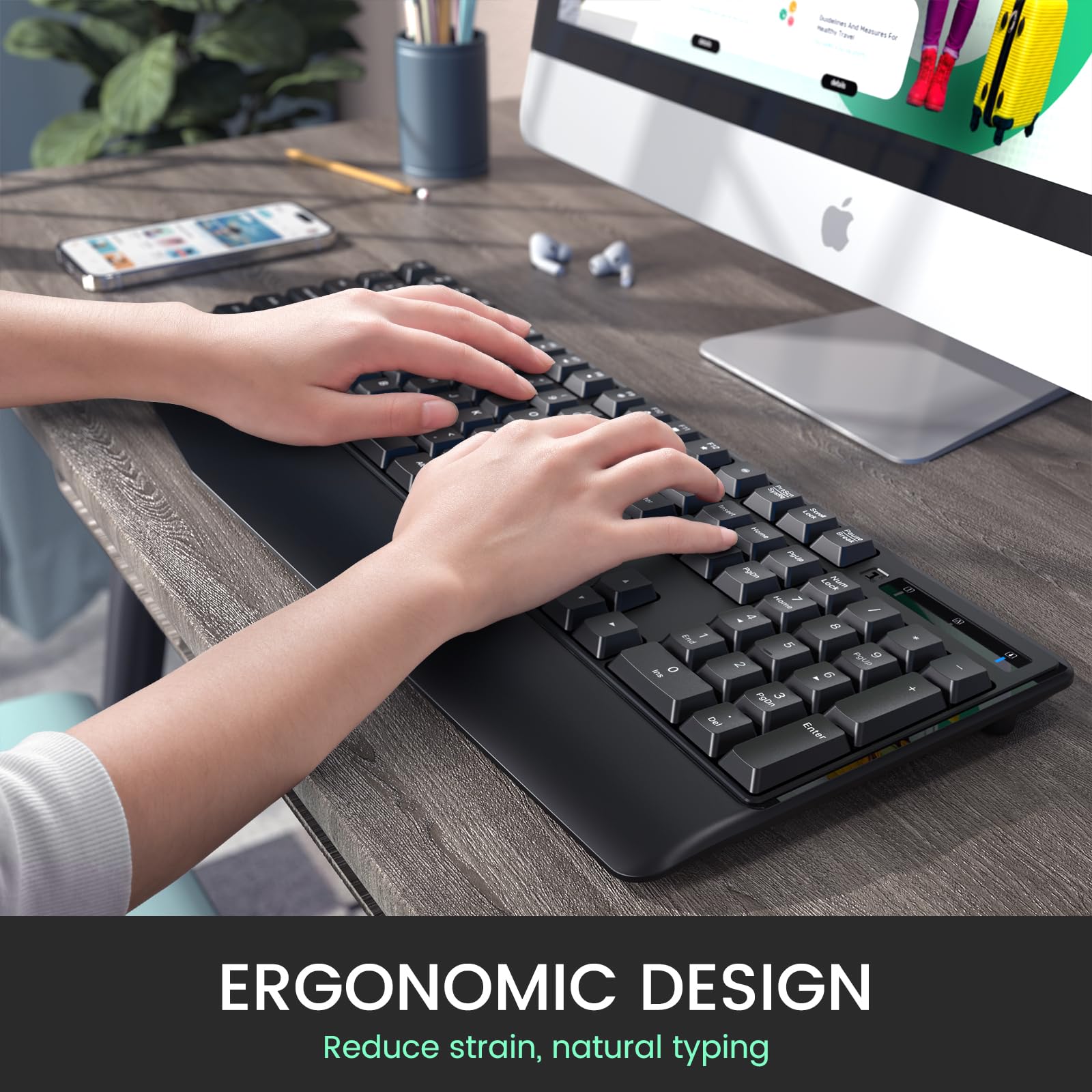 Wireless Keyboard and Mouse Combo, 2.4G Full-Sized Ergonomic Computer Keyboard with Wrist Rest and 3 Level DPI Adjustable Wireless Mouse for Windows/MacOS, Desktops/Laptops