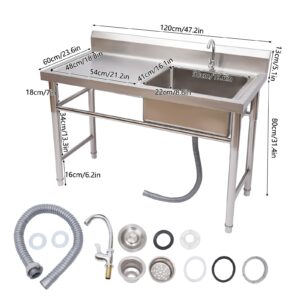 KOLHGNSE Commercial Stainless Steel Sink, Free Standing Restaurant Sink with Drainboard For Outdoor and Kitchen