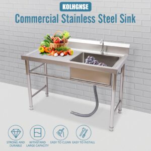 KOLHGNSE Commercial Stainless Steel Sink, Free Standing Restaurant Sink with Drainboard For Outdoor and Kitchen