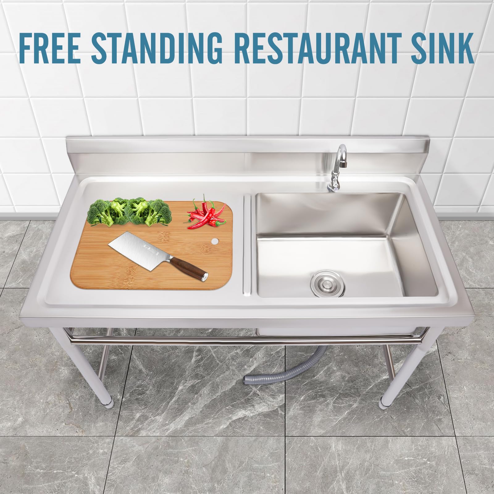 KOLHGNSE Commercial Stainless Steel Sink, Free Standing Restaurant Sink with Drainboard For Outdoor and Kitchen