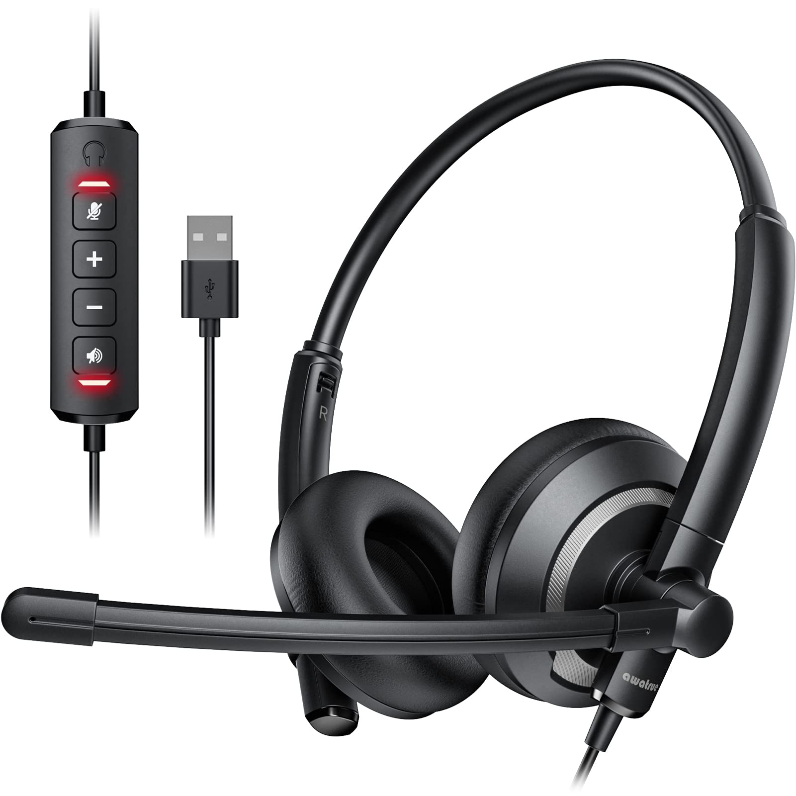 awatrue EH05-U Wired USB Headset with Noise Cancelling Microphone for PC Laptop - Headphones with In-Line Control, Lightweight, Enhanced Sound & MIC Mute