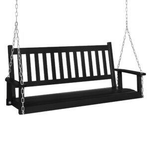 mupater outdoor patio hanging wooden porch swing 5ft with chains, 3-person heavy duty swing bench for garden and backyard, black