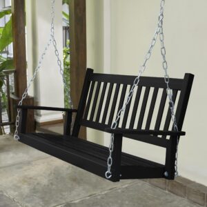 MUPATER Outdoor Patio Hanging Wooden Porch Swing 5FT with Chains, 3-Person Heavy Duty Swing Bench for Garden and Backyard, Black