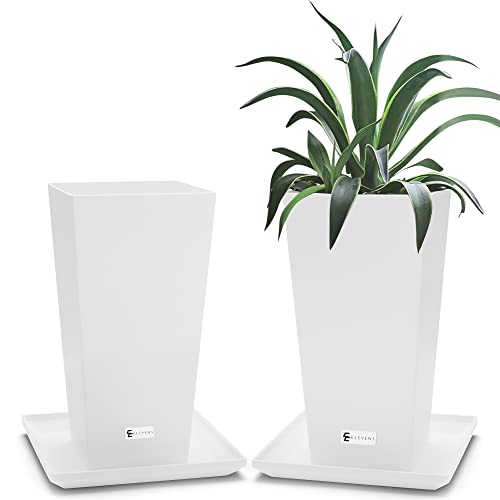 Elevens Set of 2 Tall Outdoor Planters 28 Inch, Large Planters for Indoor Outdoor Plants, Tapered Square Flower Pots with Tray for Patio, White