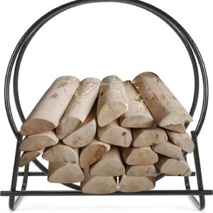 HECASA 30 Inch Firewood Log Hoop Curved Fireplace Wood Storage Holder Heavy Duty Wood Stove Accessories for Outdoor Indoor Black