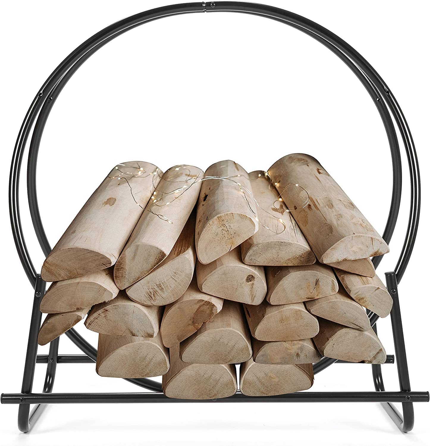 HECASA 30 Inch Firewood Log Hoop Curved Fireplace Wood Storage Holder Heavy Duty Wood Stove Accessories for Outdoor Indoor Black