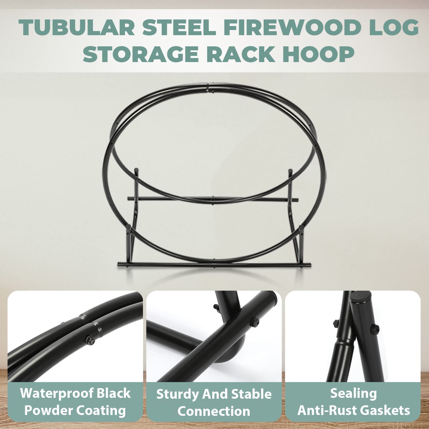 HECASA 30 Inch Firewood Log Hoop Curved Fireplace Wood Storage Holder Heavy Duty Wood Stove Accessories for Outdoor Indoor Black