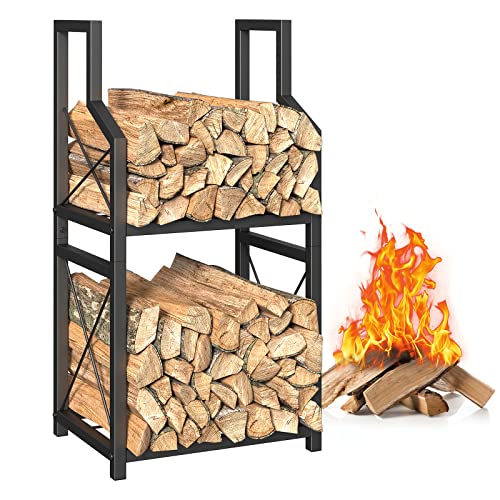 Small Firewood Rack Holder for Indoor Fireplace, 2-Tier Fire Wood Log Storage Rack Stacker Stand, Strong and Durable for Outdoor Patio, Fire Pit, Stove, Black