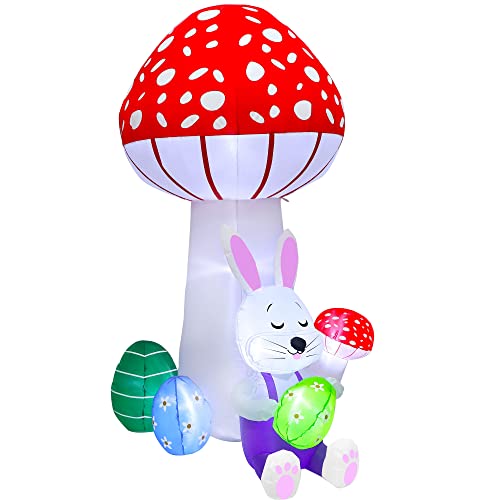 Lulu Home 6FT Easter Inflatable Yard Decoration, Lighted Blow Up Bunny Lean Against A Giant Mushroom Holding Easter Eggs, Air Blown Rabbit Lawn Garden Spring Indoor Outdoor Decors