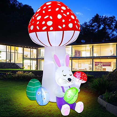 Lulu Home 6FT Easter Inflatable Yard Decoration, Lighted Blow Up Bunny Lean Against A Giant Mushroom Holding Easter Eggs, Air Blown Rabbit Lawn Garden Spring Indoor Outdoor Decors