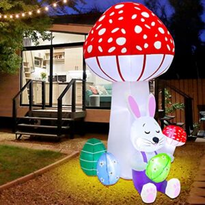 Lulu Home 6FT Easter Inflatable Yard Decoration, Lighted Blow Up Bunny Lean Against A Giant Mushroom Holding Easter Eggs, Air Blown Rabbit Lawn Garden Spring Indoor Outdoor Decors